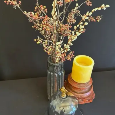 Rustic Tabletop Decor Items: Glass Cloche Bell Dome, Pillar Candles & Vases