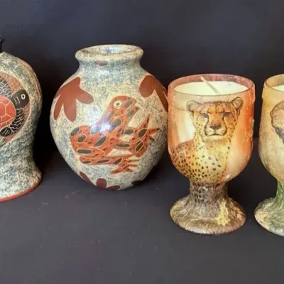 Nicaraguan Folk Art Pottery Vases & Decoupaged African Safari Candles