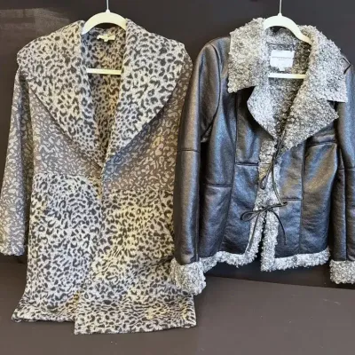 Ladies Katherine Barclay black leather jacket & animal print lightweight jacket & black leather 