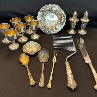 Sterling Silver - S/P shaker, small dishes, serving pieces and toasting goblets - 397g total  
