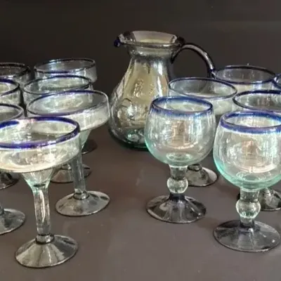 Traditional Mexican Hand-Blown Glass Pitcher & Glasses