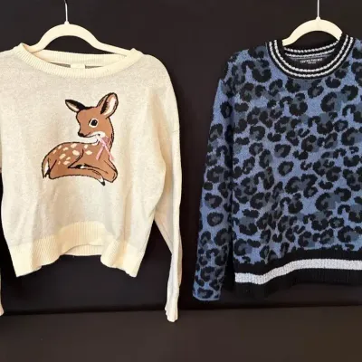 Nikka K Medium Deer Sweater & Central Park West Small Leopard Sparkle Sweater 