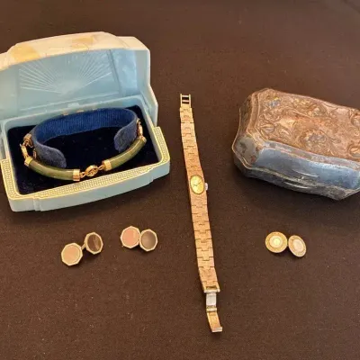 Vintage jewelry - Andre Paillet watch, cufflinks and jade bracelet - boxes  