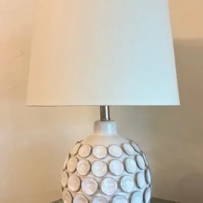 Ceramic Table Lamp With Sculped Circular Pattern W/ White Shade