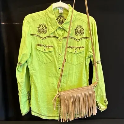 Women’s Lime Green Western Shirt & Fringed Tan Crossbody