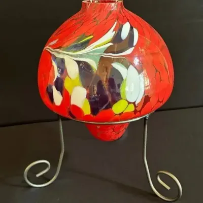 Vibrant, Red Handblown Art Glass Oil Lamp With Black Metal Scroll Stand