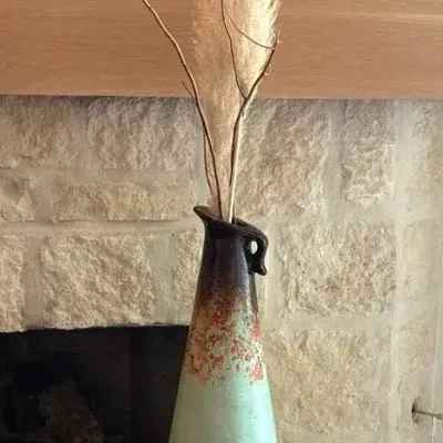 Tall, Slender Ceramic Floor Vase With a Turquoise-to-Dark-Brown Reactive Glaze And Small Side Handle