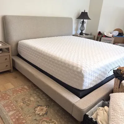 King size bed frame, light grey/beige slightly padded, fabric frame **WITH RESERVE**