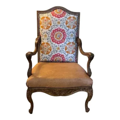French Louis XV style armchair, carved accents, tan leather seat - Lot 2 **WITH RESERVE**
