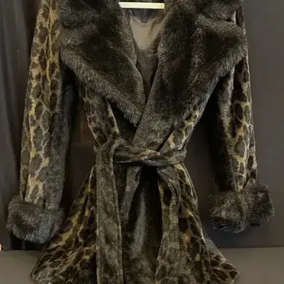 Nana Creations Belted Leopard-Print Faux Fur Coat W/ Collar& Matching Cuffs