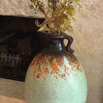 Rustic Ceramic Jug Vase Featuring a Sage Green Body With a Dark Brown Neck And A Vibrant Orange Spec