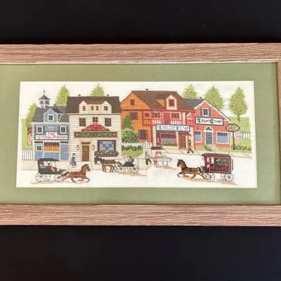  Cross Stitch Of Vintage Town Framed With Green May