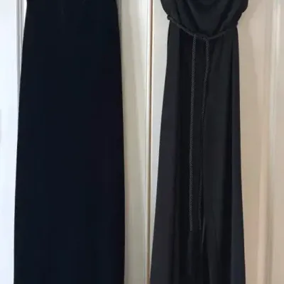 Elegant Betsy & Adam Black Velour Dress (Size 6) & Ariella Strapless Jumpsuit (Size Small)