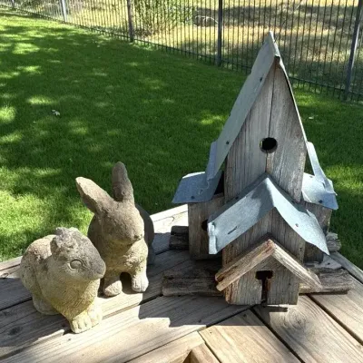 Handmade Birdhouse Metal Roofs Four Different Entries For Birds Along With Two Decorative Rabbits