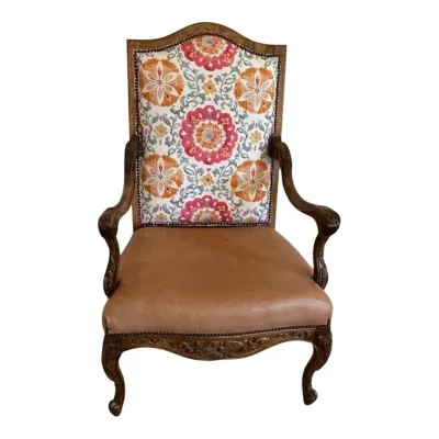 French Louis XV style armchair, carved accents, tan leather seat - Lot 1 **WITH RESERVE**