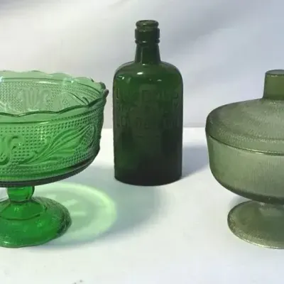 Vintage Greens - Candy dishes & bottle 