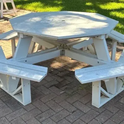 White Walk-in Octagonal Poly Lumbar Picnic Table With Attached Benches