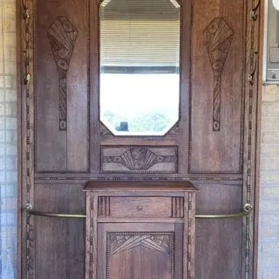 Antique Victorian Eastlake Carved Oak Hall Tree with Mirror & Brass Hardware – 80” Tall