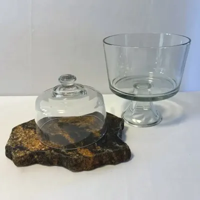 Natural Live-edge Stone Board With Glass Cloche Dome & Clear Glass Pedestal Trifle Bowl