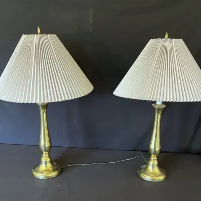 Pair Of Vintage Polished Brass Table Lamp with Pleated Shade