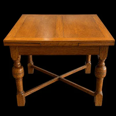 Vintage Oak Draw-Leaf Dining Table with Turned Legs & X-Stretcher Base