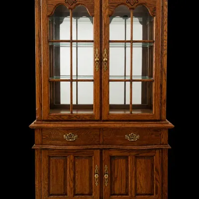 Virginia House Oak China Cabinet & Hutch with Mirrored Back and Glass Display