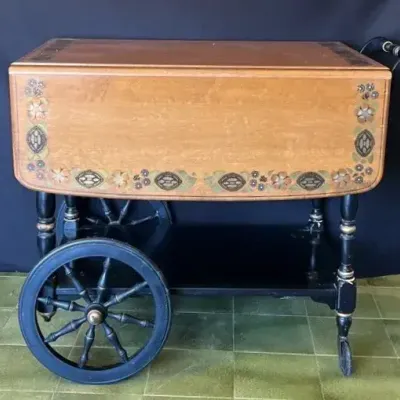 Vintage Ethan Allen Drop-Leaf Tea & Serving Cart with Painted Floral Detail