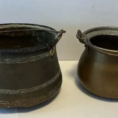 Antique Hand-Hammered Copper Cauldron And Vintage Metal Pot
