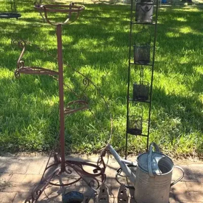 Collection Of Metal Patio Decor - Plant Stand, Galvanized Cans And More 