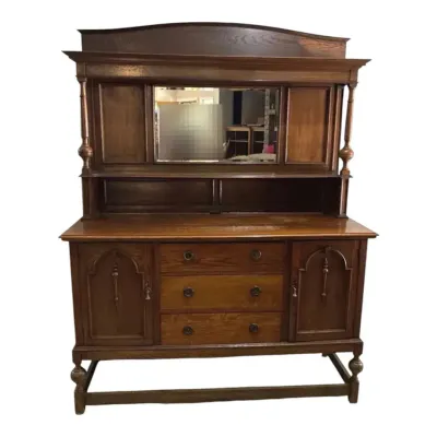Antique Oak Sideboard Buffet With Mirrored Hutch Top