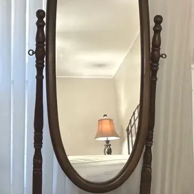 Vintage wooden oval cheval floor mirror