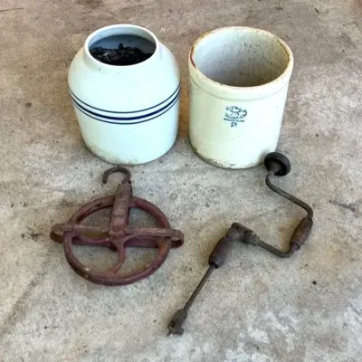 Vintage Finds - Stoneware Crocks, Bit Brace Hand Drill & Pulley