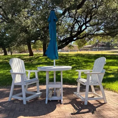 Outdoor White Wood Table And Poly Chairs Bistro Set With Umbrella