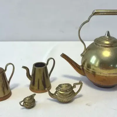 Vintage miniature brass and copper teapots and kettles
