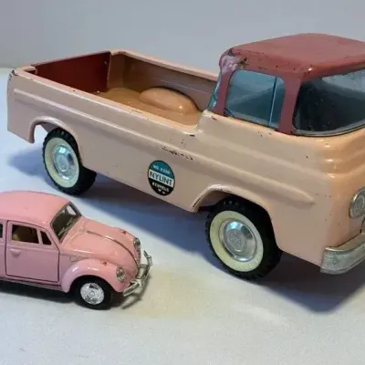 Vintage Nylint No. 6200 Kennels Ford Pickup Truck Pink 1960s & Pink VW Bug