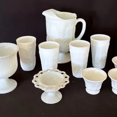 Milk Glass Pitcher, 4 glasses, 3 cups, 2 vases 