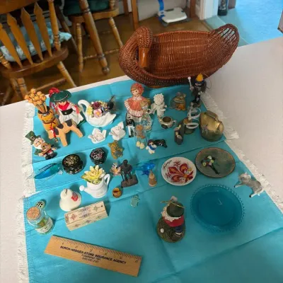 Assorted Miniature Collectibles & Decorative Trinkets Lot with Wicker Basket