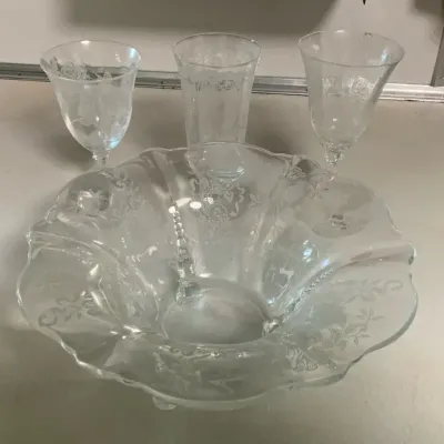 Vintage Etched Floral Crystal Stemware & Centerpiece Bowl – Large Collection