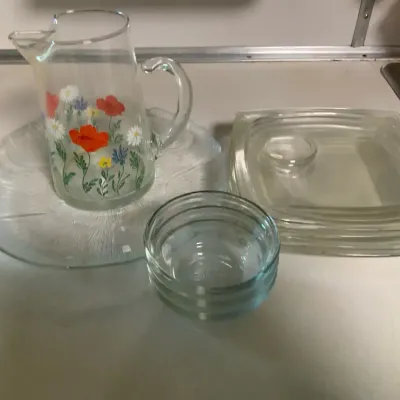 Vintage Glass Kitchen & Serving Lot – Wildflower Pitcher, Custard Cups & Platters
