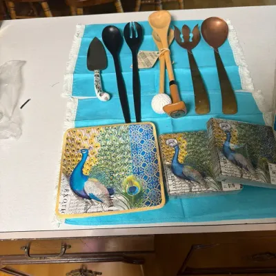 Vintage Serving Utensils & Peacock Kitchen Décor Lot