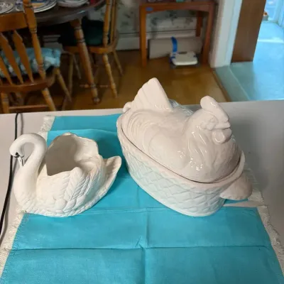 White Ceramic Swan & Hen Covered Serving Dish