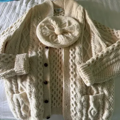 Blarney Woollen Mills Irish Aran Knit Cardigan & Matching Beret