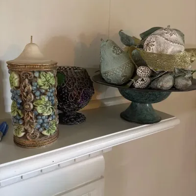 Vintage Decorative Mantel Décor Lot – Fruit Candle, Potpourri Bowl & Metal Vessel