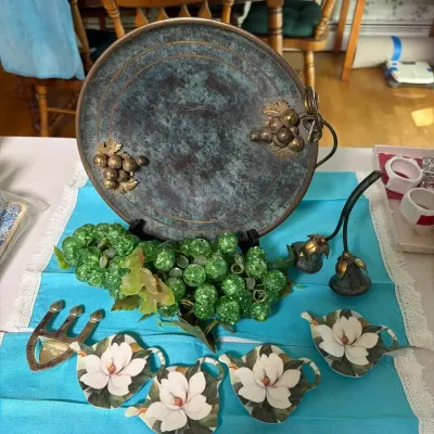 Vintage Grape & Magnolia Decorative Lot – Metal Tray, Candle Holders & Coasters