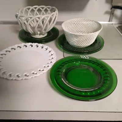 Vintage Green Glass Plates & White Ceramic Openwork Baskets – Made in Spain