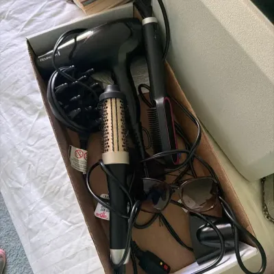 Hair Styling Tools Lot – Hair Dryer, Curling Brush, Flat Iron & Sunglasses