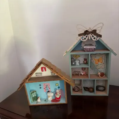 Pair of Handmade Miniature Dollhouse Shadow Box Displays with Tiny Furnishings