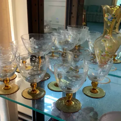 Vintage Etched Glass Stemware Set with Amber Bases & Hand-Painted Amber Vase
