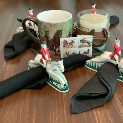 Equestrian Horse Décor Lot – Mug, Napkin Rings, Candle Holder & 29¢ Stamps
