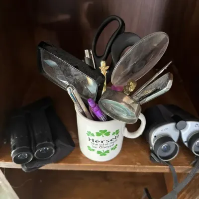 Vintage Magnifying Glass Collection, Binoculars, Flashlights & Desk Accessories